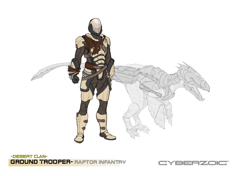 Desert ground troop action figure design with armored Deinonychus