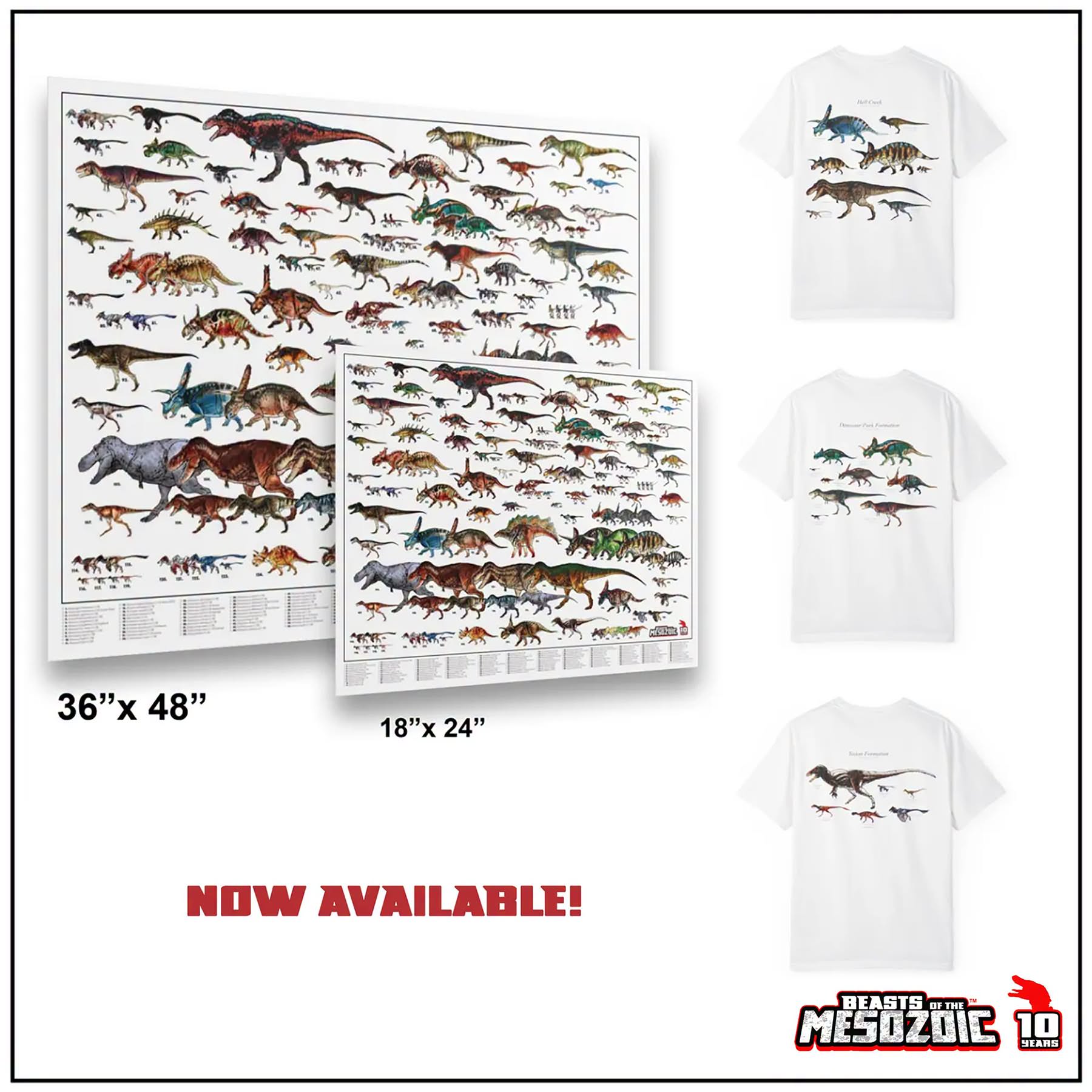 Beasts of the Mesozoic 10th Anniversary Dinosaur Field Guide Poster featuring ten years of BotM action figure color designs