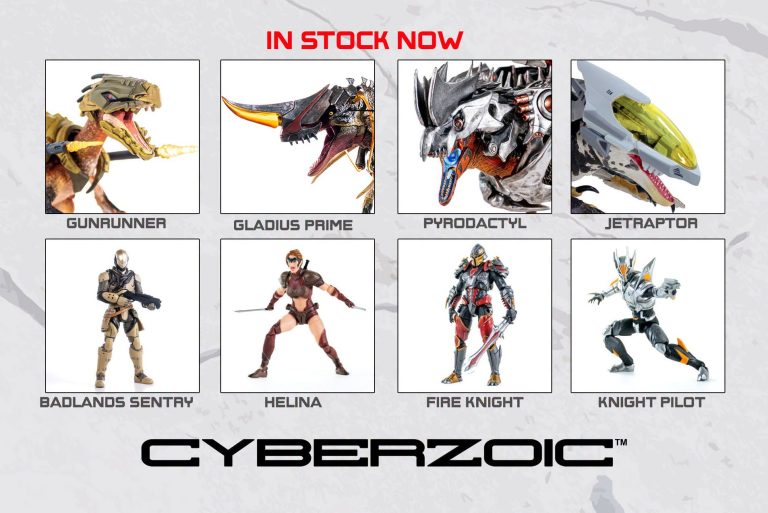 Cyberzoic Wave B armors and riders displayed with armored prehistoric beasts